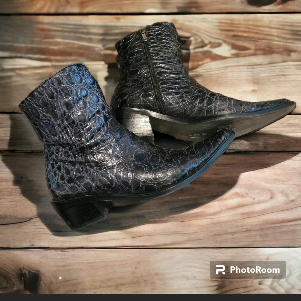 Pollini Black Croc-Embossed Ankle Boots